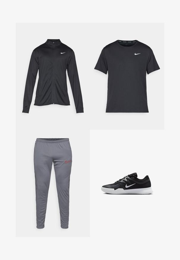 Fekete sportdzseki hosszú ujjal, gallérral és teljes cipzárral. Diszkrét fehér Nike logóval az upper bal mellen. Sima textúra.; Fekete Nike futó póló, könnyű, légáteresztő anyagból készült, rövid ujjú, és a mellkasán egy kicsi fehér logó található.; Nike Performance DRI-FIT ACADEMY PANT - Tréningruha alsók - iron grey/dragon red; Fekete sportcipő texturált felsőrésszel, fehér Nike logóval és fehér gumitalppal. Fűzős kialakítással és dinamikus formával rendelkezik.