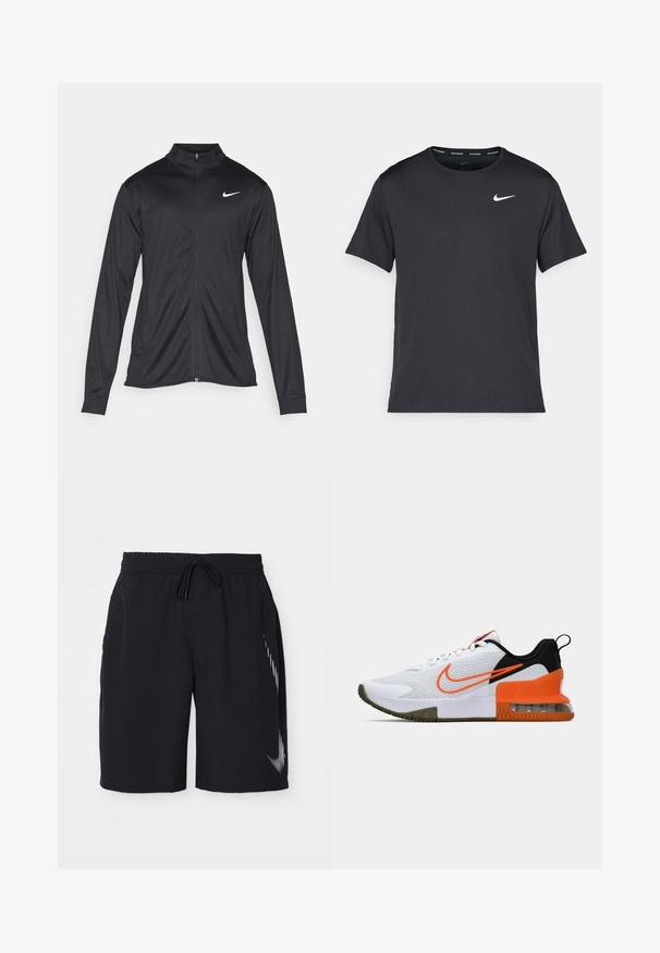 Must värvi sportlik jakk pikkade varrukatega, krae ja täispikk tõmblukk. Ülemises vasakus rinnas on diskreetne valge Nike logo. Sile tekstuur.; Mustamust Nike'i jooksupaita, mis on valmistatud kergest ja hingavast materjalist, lühikeste varrukatega ja mille rinnal on väike valge logo.; Mustad must sport shorts elastse paelaga, pael sõlmimiseks ja valge logo kujundiga küljel. Valmistatud kerge ja siledast materjalist.; Valge sportlik king, millel on tekstuuriga võrkkangas, mustad ja oranžid detailid, paks kummitald ja selge õhukambriga osa kanna juures.