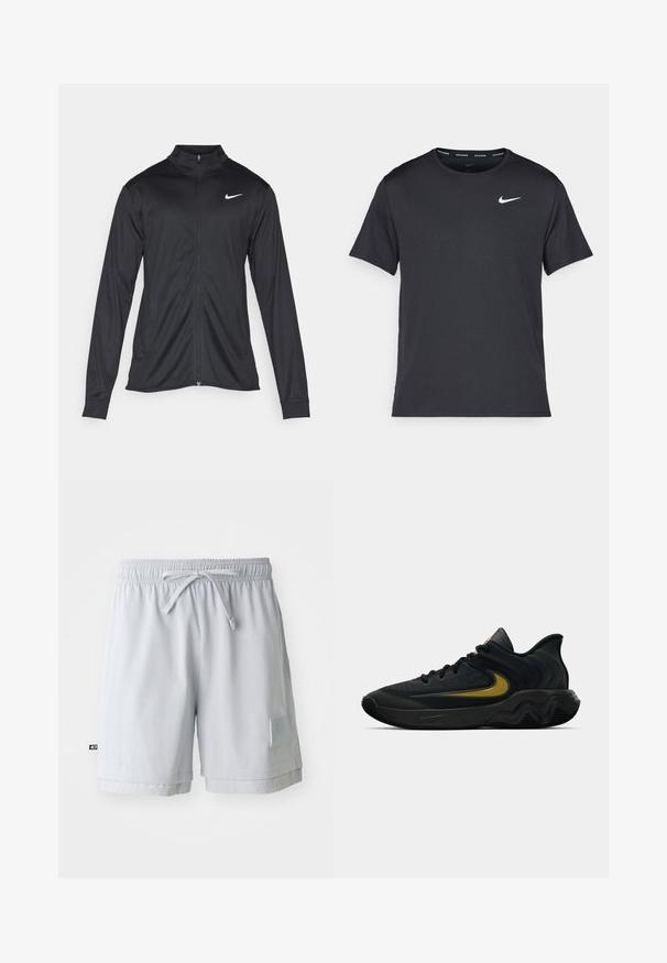 Fekete sportdzseki hosszú ujjal, gallérral és teljes cipzárral. Diszkrét fehér Nike logóval az upper bal mellen. Sima textúra.; Fekete Nike futó póló, könnyű, légáteresztő anyagból készült, rövid ujjú, és a mellkasán egy kicsi fehér logó található.; Világosszürke sportnadrág sima anyagból, rugalmas derékkal és húzózsinórral, oldalt egy kis logóval.; Fekete és sötétszürke sportcipő fekete fűzővel és arany swoosh logóval, hullámos talpformával és párnázott sarokpánttal.
