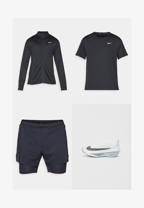 Veste de sport noire à manches longues, avec col et fermeture éclair intégrale. Présente un logo Nike subtil en blanc sur le côté supérieur gauche de la poitrine. Texture lisse.; T-shirt de course noir Nike en matériau léger et respirant, avec des manches courtes et un petit logo blanc sur la poitrine.; Shorts de sport pour hommes en bleu marine foncé avec une taille élastique, un design superposé et des shorts de compression internes. Comprend une poche latérale et un logo.; Baskets blanches avec un supérieur en maille grise, une semelle intermédiaire en mousse ZoomX bleue et une semelle extérieure incurvée pour une propulsion et un confort améliorés.