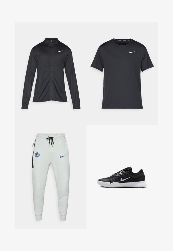 Čierna športová bunda s dlhými rukávmi, golierom a plným zipsom. Obsahuje nenápadné logo Nike v bielej farbe na hornej ľavej hrudi. Hladká textúra.; Čierne bežecké tričko Nike vyrobené z ľahkého a priedušného materiálu, s krátkymi rukávmi a malým bielym logom na hrudi.; Svetlosivé joggery vyrobené z mäkkej tkaniny, s čiernou akcentovou kapsou, modrými nášivkami loga, nastaviteľným pásom so sťahovacou šnúrkou a priliehavými manžetami.; Čierna športová topánka s textúrovaným zvrškom, bielym logom Nike a bielou gumovou podrážkou. Má šnurovací dizajn a dynamický tvar.