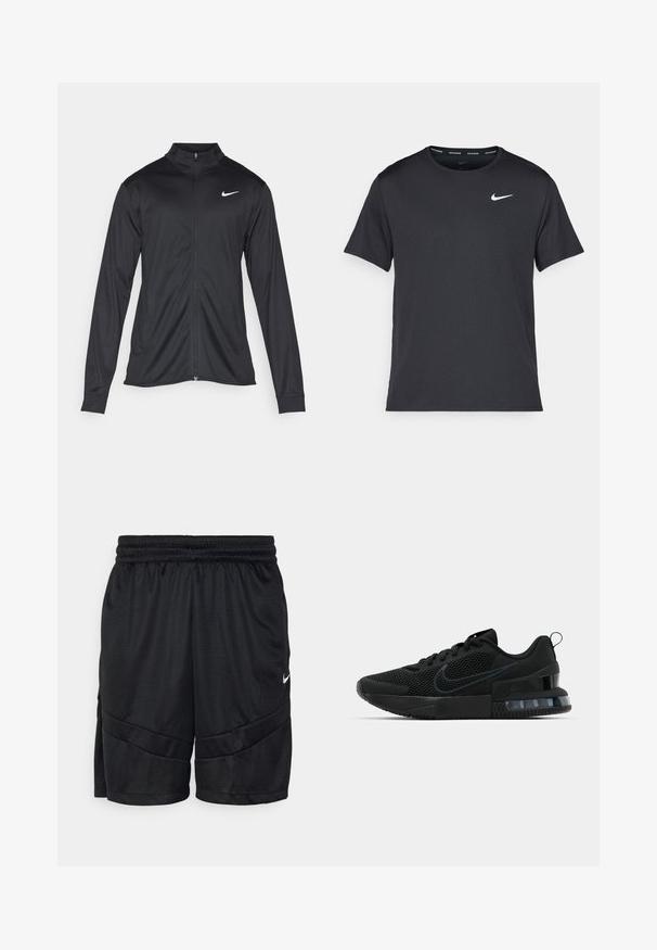 Black athletic jacket with long sleeves, collar, and full zipper. Features a subtle Nike logo in white on the upper left chest. Smooth texture.; Black Nike running T-shirt made of lightweight, breathable material, featuring short sleeves and a small white logo on the chest.; Black athletic shorts made of textured mesh fabric, featuring an elastic waistband and intersecting seam details. Small white logo on side.; Black Nike athletic shoe featuring a mesh upper, rubber sole, padded collar, and a distinct transparent heel accent.