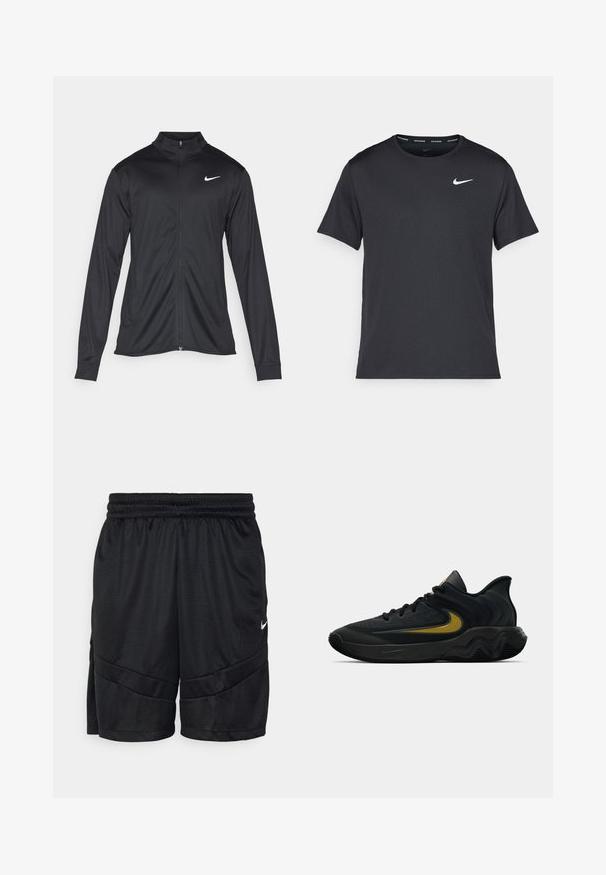 Melna sporta jaka ar garām piedurknēm, apkakli un pilnu rāvējslēdzēju. Uz kreisā krūts augšdaļas ir maigs Nike logo baltā krāsā. Gluda tekstūra.; Melna Nike skriešanas T-kreklā, kas izgatavots no viegla un elpojoša materiāla, ar īsām piedurknēm un mazu baltu logo uz krūtīm.; Melnas sporta šortus, izgatavotus no teksturēta sieta auduma, ar elastīgu jostasvietu un krustveida šuvju detaļām. Mazs balts logotips sānos.; Melna un tumši pelēka sporta apavu pāris ar melnām auklām un zelta Swoosh logo, ar viļņotu zolītes dizainu un polsterētu papēdi.