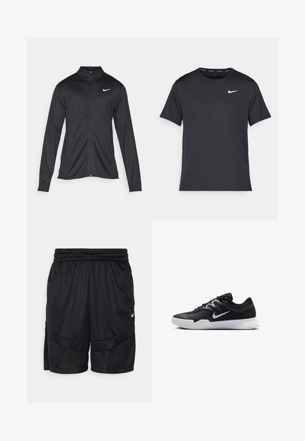 Musta urheilutakki pitkillä hihoilla, kauluksella ja kokonaisella vetoketjulla. Täydentää hienovarainen Nike-logo valkoisena vasemmassa ylärinnassa. Litteä pinta.; Musta Nike juoksupaita, joka on valmistettu kevyestä ja hengittävästä materiaalista. Paidassa on lyhyet hihnat ja pieni valkoinen logo rinnassa.; Mustat urheilu-shortsit, jotka on valmistettu teksturoidusta verkkomateriaalista. Niissä on joustava vyötärö ja ristikkäiset saumat. Pieni valkoinen logo sivussa.; Musta urheilukenkä, jossa on teksturoitu päällinen, valkoinen Nike-tikkaus ja valkoinen kumipohja. Kenkässä on nauhakuji ja dynaaminen muoto.