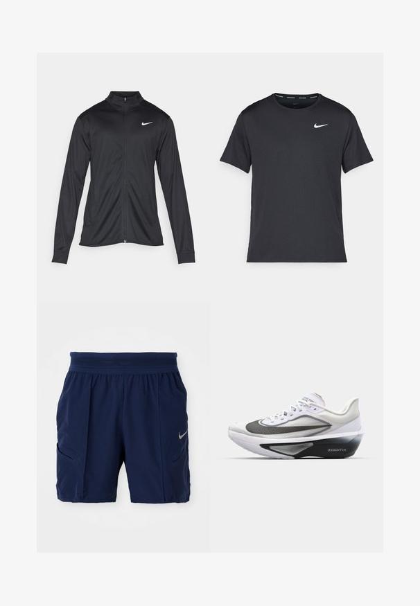 Melna sporta jaka ar garām piedurknēm, apkakli un pilnu rāvējslēdzēju. Uz kreisā krūts augšdaļas ir maigs Nike logo baltā krāsā. Gluda tekstūra.; Melna Nike skriešanas T-kreklā, kas izgatavots no viegla un elpojoša materiāla, ar īsām piedurknēm un mazu baltu logo uz krūtīm.; Tumši zili sporta šorti, izgatavoti no viegla auduma, ar elastīgu jostu, divām sānu kabatām un mazu sudraba Nike logotipu.; Nike Performance ZOOM FLY 6 - Apavi skriešanai pa asfaltu - white/black/smoke grey/metallic silver