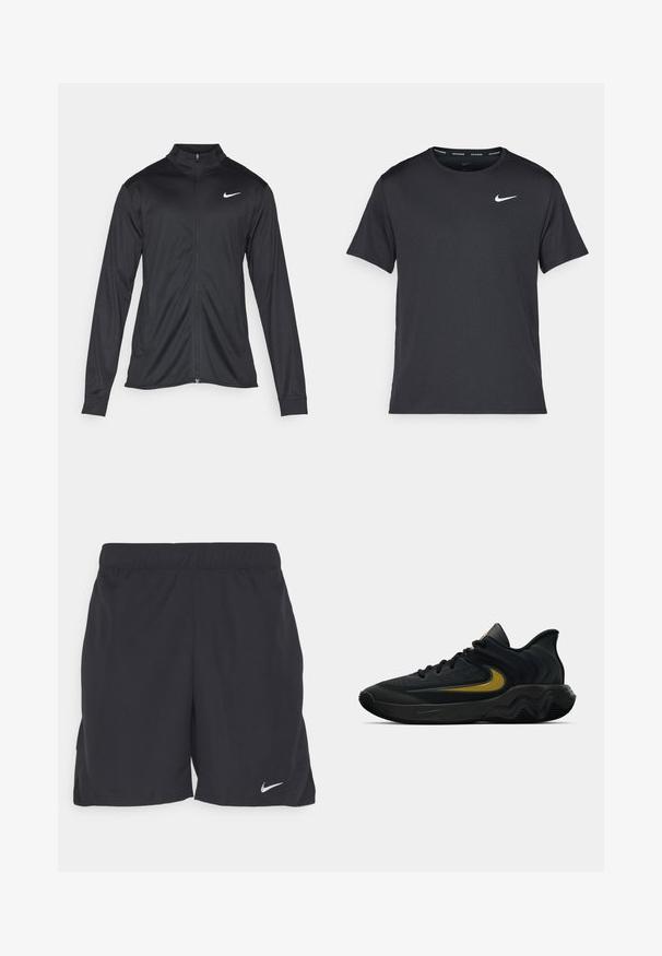 Black athletic jacket with long sleeves, collar, and full zipper. Features a subtle Nike logo in white on the upper left chest. Smooth texture.; Black Nike running T-shirt made of lightweight, breathable material, featuring short sleeves and a small white logo on the chest.; Black athletic shorts made of lightweight fabric, featuring an elastic waistband and a small white Nike logo on the lower left side.; Black and dark gray athletic shoe with black laces and gold swoosh logo, featuring a wavy sole design and padded heel collar.