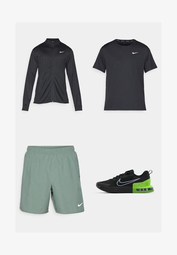 Fekete sportdzseki hosszú ujjal, gallérral és teljes cipzárral. Diszkrét fehér Nike logóval az upper bal mellen. Sima textúra.; Fekete Nike futó póló, könnyű, légáteresztő anyagból készült, rövid ujjú, és a mellkasán egy kicsi fehér logó található.; Zöld sportnadrág, elasztikus derékkal, könnyű anyagból, fehér Nike logóval a bal alsó oldalon.; Fekete sportcipő hálós felsőrésszel, zöld és fekete talppal, légpárnázással, valamint fehér Nike swoosh logóval.