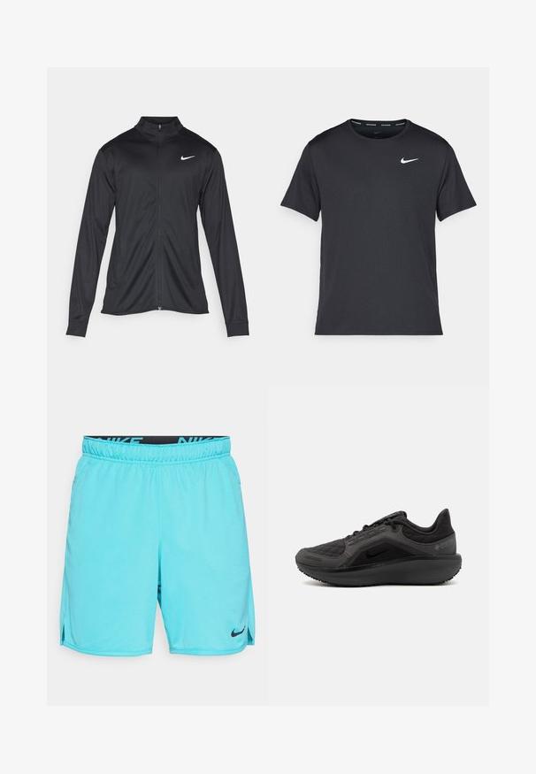 Fekete sportdzseki hosszú ujjal, gallérral és teljes cipzárral. Diszkrét fehér Nike logóval az upper bal mellen. Sima textúra.; Fekete Nike futó póló, könnyű, légáteresztő anyagból készült, rövid ujjú, és a mellkasán egy kicsi fehér logó található.; Türkiz színű sportnadrág, könnyű anyagból, elasztikus derékpánton fekete "NIKE" logóval, oldalsó hasítékokkal a szegélyen a mozgékonyságért, egyszerű dizájn.; Fekete sportcipő texturált, steppelt felsőrésszel, letisztult dizájnnal és fekete gumitalppal. Látható logójával és Gore-Tex felirattal rendelkezik.
