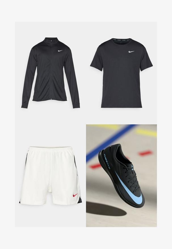 Must värvi sportlik jakk pikkade varrukatega, krae ja täispikk tõmblukk. Ülemises vasakus rinnas on diskreetne valge Nike logo. Sile tekstuur.; Mustamust Nike'i jooksupaita, mis on valmistatud kergest ja hingavast materjalist, lühikeste varrukatega ja mille rinnal on väike valge logo.; Valged spordilühikesed püksid mustade külgmiste aktsentidega, elastse vöökoht ning punane Nike logo alumises ees. Sile, kergest materjalist.; Mustad mustus spordijalats siniste detailidega, tekstureeritud pind, lipsudega disain ja eristuv Nike logo. Kummist talla, millel on haardemustrid.