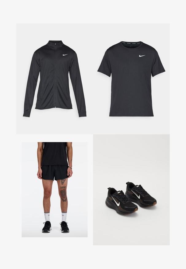 Musta urheilutakki pitkillä hihoilla, kauluksella ja kokonaisella vetoketjulla. Täydentää hienovarainen Nike-logo valkoisena vasemmassa ylärinnassa. Litteä pinta.; Musta Nike juoksupaita, joka on valmistettu kevyestä ja hengittävästä materiaalista. Paidassa on lyhyet hihnat ja pieni valkoinen logo rinnassa.; Mustat urheilushortsit rentoa istuvuutta, yhdistettynä mustaan t-paitaan ja mustiin lenkkareihin. Huomattavat tatuoinnit alajaloissa.; Mustat urheilukengät, joissa on hengittävä verkkomateriaali, valkoinen Nike-logoelementti, teksturoitu pohja ja erottuvat ruskeat yksityiskohdat. Sisältää vahvistetun kantapään.