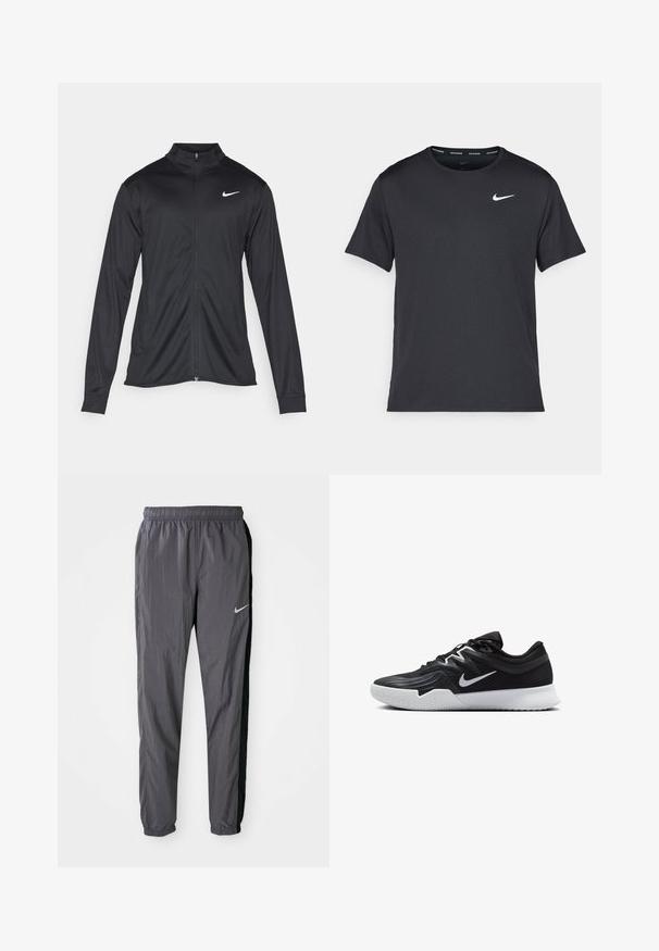 Crna sportska jakna s dugim rukavima, ovratnikom i punim patentnim zatvaračem. Ima suptilan Nike logo u bijeloj boji na gornjem lijevom dijelu prsne oznake. Glatka tekstura.; Crna Nike majica za trčanje napravljena od laganog, prozračnog materijala, s kratkim rukavima i malim bijelim logotipom na prsima.; Nike trenirke, napravljene od laganog materijala, u tamno sivoj boji s crnim bočnim panelima. Sadrže elastičnu traku u struku i reflektirajući logo.; Crna sportska cipela s teksturiranim gornjim dijelom, bijelim Nike swooshom i bijelim gumennim potplatom. Ima dizajn s vezanjem i dinamičan oblik.