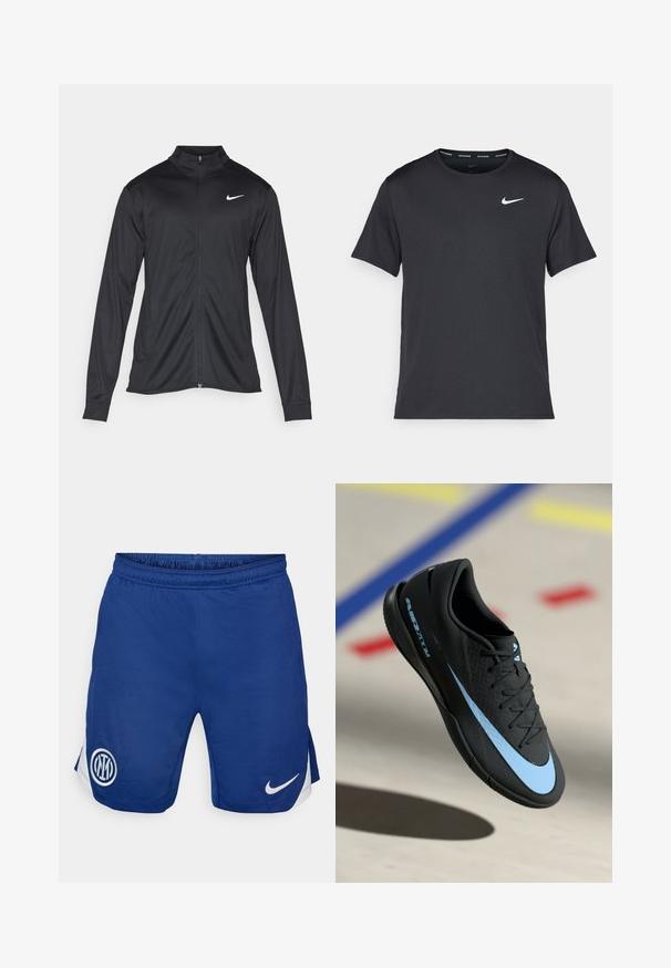 Fekete sportdzseki hosszú ujjal, gallérral és teljes cipzárral. Diszkrét fehér Nike logóval az upper bal mellen. Sima textúra.; Fekete Nike futó póló, könnyű, légáteresztő anyagból készült, rövid ujjú, és a mellkasán egy kicsi fehér logó található.; Könnyű anyagból készült kék sportnadrág, fehér Nike logóval és egy emblémával a bal lábon, oldalra nyílásokkal a mozgékonyság érdekében.; Fekete sportcipő kék akcentusokkal, textúrált felülettel, fűzős kialakítással és jellegzetes Nike logóval. Gumitalp, amely grip mintázattal rendelkezik.