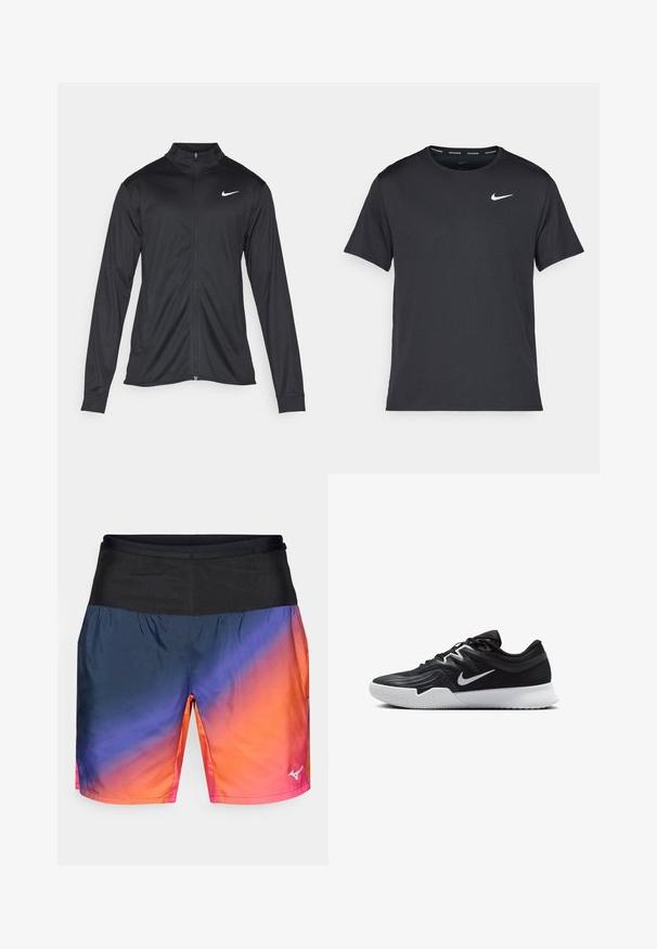 Fekete sportdzseki hosszú ujjal, gallérral és teljes cipzárral. Diszkrét fehér Nike logóval az upper bal mellen. Sima textúra.; Fekete Nike futó póló, könnyű, légáteresztő anyagból készült, rövid ujjú, és a mellkasán egy kicsi fehér logó található.; Férfi sportnadrág, amely előrehaladó színátmenettel rendelkezik sötétkékből narancssárgába, fekete derékpánttal és sima, könnyű anyagból készült.; Fekete sportcipő texturált felsőrésszel, fehér Nike logóval és fehér gumitalppal. Fűzős kialakítással és dinamikus formával rendelkezik.