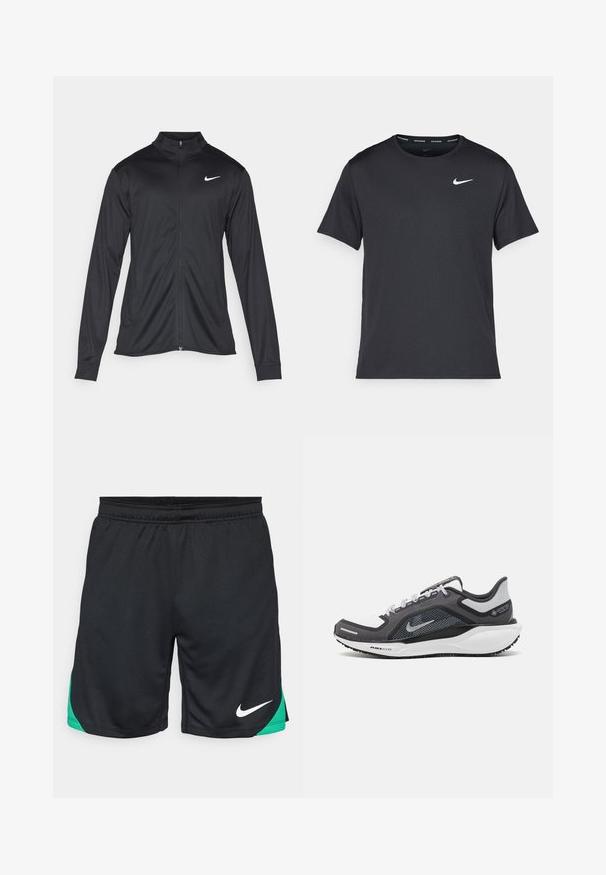 Black athletic jacket with long sleeves, collar, and full zipper. Features a subtle Nike logo in white on the upper left chest. Smooth texture.; Black Nike running T-shirt made of lightweight, breathable material, featuring short sleeves and a small white logo on the chest.; Nike Performance STRIKE SHORT - Sports shorts - black/stadium green/white; Black and gray athletic shoe with a mesh upper, reflective accents, and a white midsole. Features textured rubber outsole and laces.