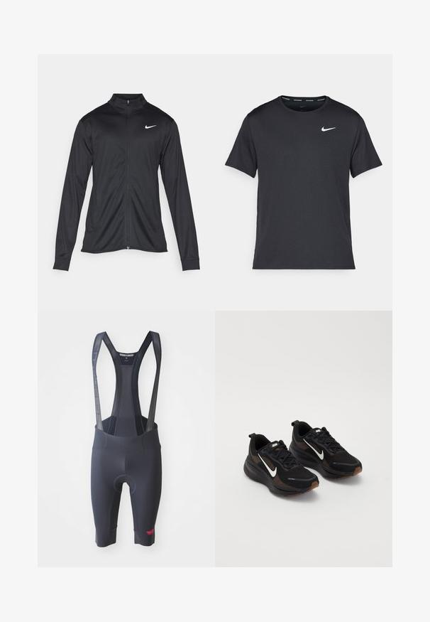 Svart idrettsjakke med lange ermer, krage og full glidelås. Har en subtil Nike-logo i hvitt på øvre venstre bryst. Glatt tekstur.; Svart Nike løpe-T-skjorte laget av lett, pustende stoff, med korte ermer og en liten hvit logo på brystet.; Sorte sykkelbukser med mesh-stropper, polstret sete for komfort og en liten rød logodetalj nær kanten. Glatt tekstur.; Sorte treningssko med puste mesh-overdel, hvit Nike swoosh, teksturert såle og kontrastfargede brune detaljer. Inkluderer forsterket hæl.