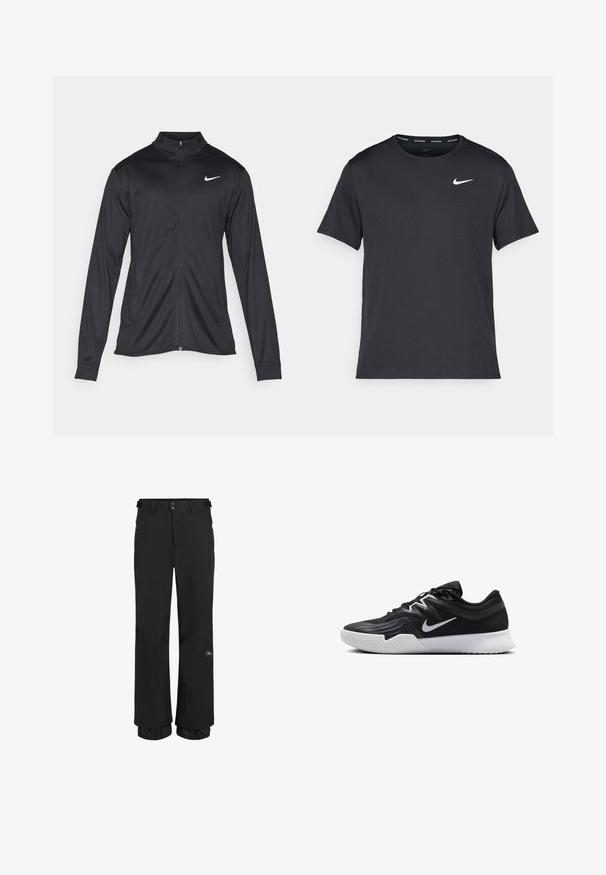 Černá sportovní bunda s dlouhými rukávy, límcem a plným zipem. Má decentní bílou logo značky Nike na horní levé části hrudi. Hladká textura.; Černé běžecké tričko Nike vyrobené z lehkého a prodyšného materiálu, s krátkými rukávy a malým bílým logem na hrudi.; Černé lyžařské kalhoty vyrobené z voděodolné tkaniny s volným střihem. Mezi vlastnosti patří kapsy na zip a nastavitelné manžety pro bezpečné nošení.; Černá atletická bota s texturovaným svrškem, bílým logem Nike a bílou gumovou podrážkou. Disponuje šněrovacím designem a dynamickým tvarem.