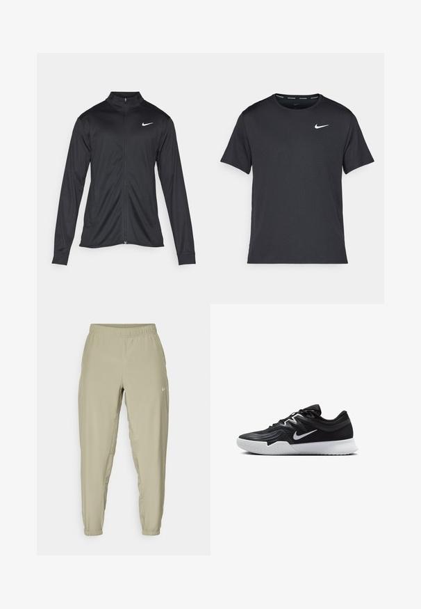 Schwarze Sportjacke mit langen Ärmeln, Kragen und voller Reißverschluss. Verfügt über ein dezentes Nike-Logo in Weiß auf der oberen linken Brust. Glatte Textur.; Schwarzes Nike Lauft-Shirt aus leichtem, atmungsaktivem Material, mit kurzen Ärmeln und einem kleinen weißen Logo auf der Brust.; Helle beige Jogginghosen mit elastischem Bund, gefütterten Knöcheln und Seitentaschen. Mit einem kleinen weißen Logo vorne.; Schwarzer Sportschuh mit strukturiertem Obermaterial, weißem Nike-Warenzeichen und einer weißen Gummisohle. Verfügt über ein Schnürdesign und eine dynamische Form.