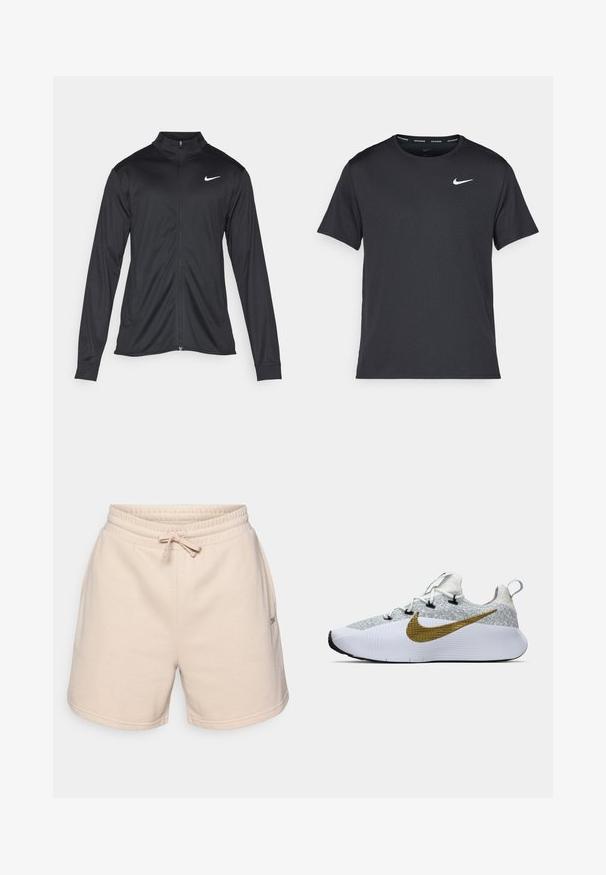 Black athletic jacket with long sleeves, collar, and full zipper. Features a subtle Nike logo in white on the upper left chest. Smooth texture.; Black Nike running T-shirt made of lightweight, breathable material, featuring short sleeves and a small white logo on the chest.; Beige cotton shorts with an elastic waistband, adjustable drawstring, and two side pockets. Features a small logo on the side.; White and gray running shoe with textured upper, large gold Nike swoosh on side, black eyelets, white sole, and pull tab at heel.