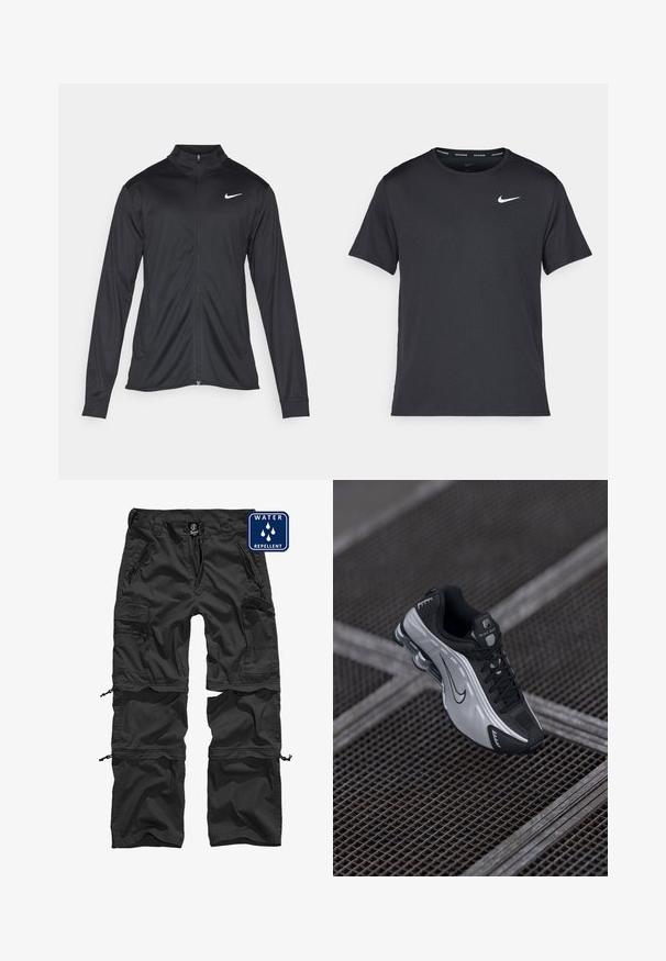 Czarna sportowa kurtka z długimi rękawami, kołnierzem i pełnym zamkiem. Posiada subtelne logo Nike w białym kolorze na lewej górnej części klatki piersiowej. Gładka tekstura.; Czarna koszulka do biegania Nike z lekkiego, oddychającego materiału, z krótkimi rękawami i małym białym logo na piersi.; Czarne spodnie cargo odporne na wodę z kieszeniami na zamek, regulowanymi mankietami oraz trwałym materiałem. Na pasku znajduje się logo.; Sportowe buty Nike o czarnym i srebrnym wzorze. Wykonane z materiałów syntetycznych z siateczkowymi akcentami oraz wspierającą podeszwą z widoczną poduszką powietrzną.