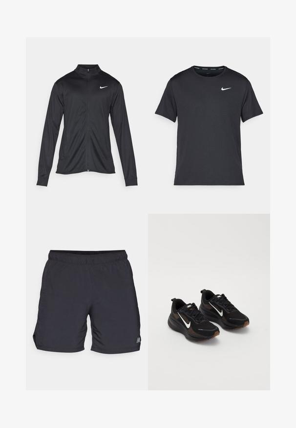 Black athletic jacket with long sleeves, collar, and full zipper. Features a subtle Nike logo in white on the upper left chest. Smooth texture.; Black Nike running T-shirt made of lightweight, breathable material, featuring short sleeves and a small white logo on the chest.; Black athletic shorts made of lightweight fabric, featuring an elastic waistband and side slits for mobility. Minimal branding on the side.; Black athletic shoes with a breathable mesh upper, white Nike swoosh, textured sole, and contrasting brown accents. Includes reinforced heel.