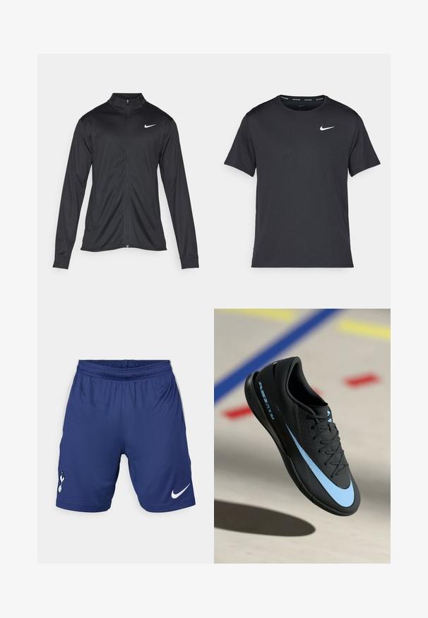 Veste de sport noire à manches longues, avec col et fermeture éclair intégrale. Présente un logo Nike subtil en blanc sur le côté supérieur gauche de la poitrine. Texture lisse.; T-shirt de course noir Nike en matériau léger et respirant, avec des manches courtes et un petit logo blanc sur la poitrine.; Shorts de sport Nike en bleu foncé, présentant une taille élastique, des accents blancs sur les côtés et un logo de club sur la jambe gauche.; Chaussure de sport noire avec accents bleus, surface texturée, design à lacets et logo Nike distinctif. Semelle en caoutchouc avec motifs de grip.