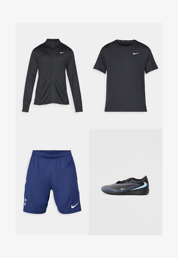 Črna atletska jakna z dolgimi rokavi, ovratnikom in polnim zadrgo. Vključuje diskreten bel Nike logotip na zgornjem levem delu prsnega koša. Gladka tekstura.; Črna tekaška majica Nike, izdelana iz lahkega in zračnega materiala, z kratkimi rokavi in majhnim belim logotipom na prsih.; Nike atletske kratke hlače v temno modri barvi, z elastičnim pasom, belimi stranskimi detajli in klubskim logotipom na levi nogi.; Črne in modre nizke športne čevlje z teksturirano površino, črnimi vezalkami in svetlo modrimi Nike swoosh logotipi na strani in podplatu.
