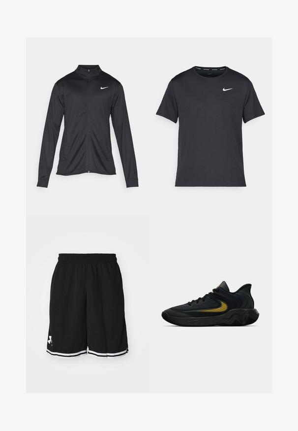 Fekete sportdzseki hosszú ujjal, gallérral és teljes cipzárral. Diszkrét fehér Nike logóval az upper bal mellen. Sima textúra.; Fekete Nike futó póló, könnyű, légáteresztő anyagból készült, rövid ujjú, és a mellkasán egy kicsi fehér logó található.; Fekete sportos rövidnadrág texturált szövetből. Rugalmas derékrésszel rendelkezik, és fehér csíkok futnak végig a szegélyen. A logó az oldalon látható.; Fekete és sötétszürke sportcipő fekete fűzővel és arany swoosh logóval, hullámos talpformával és párnázott sarokpánttal.
