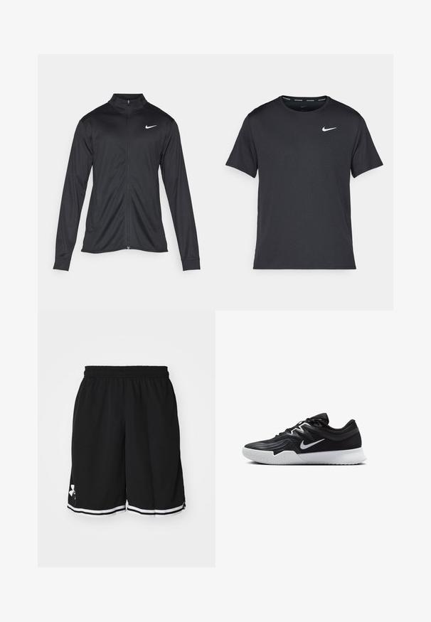 Svart idrettsjakke med lange ermer, krage og full glidelås. Har en subtil Nike-logo i hvitt på øvre venstre bryst. Glatt tekstur.; Svart Nike løpe-T-skjorte laget av lett, pustende stoff, med korte ermer og en liten hvit logo på brystet.; Svart sportslige shorts laget av teksturert stoff. Har strikk i midjen og hvite striper langs kanten. Logo vist på siden.; Svart treningssko med teksturert overdel, hvit Nike-swoosh og hvit gummisåle. Har snøring og en dynamisk form.