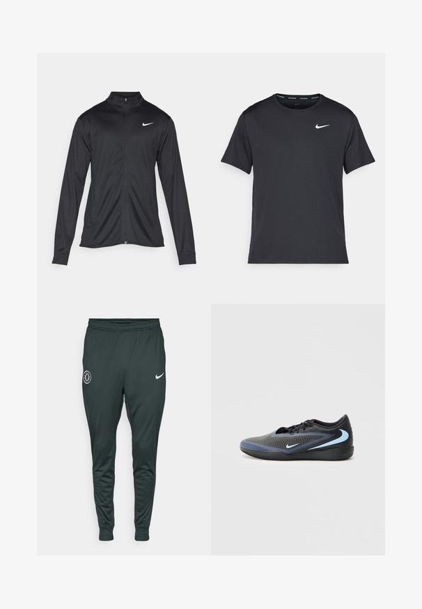 Juodas sportinis švarkas su ilgomis rankovėmis, apykakle ir pilnu užtrauktuku. Yra subtilus baltas Nike logotipas kairėje krūtinės pusėje. Lygus tekstūra.; Juodas Nike bėgimo marškinėlis, pagamintas iš lengvos, kvėpuojančios medžiagos, turintis trumpas rankoves ir mažą baltą logotipą ant krūtinės.; Tamsiai žali Nike sportiniai džinsai su elastine talija ir rankovėmis. Kairėje kojoje yra Chelsea FC logotipas ir baltas Nike swoosh ženklas.; Juoda ir mėlyna žema sportinė avalynė su tekstūruota paviršiumi, juodais nėriniais ir šviesiai mėlynomis Nike swoosh logotipais ant šono ir pado.