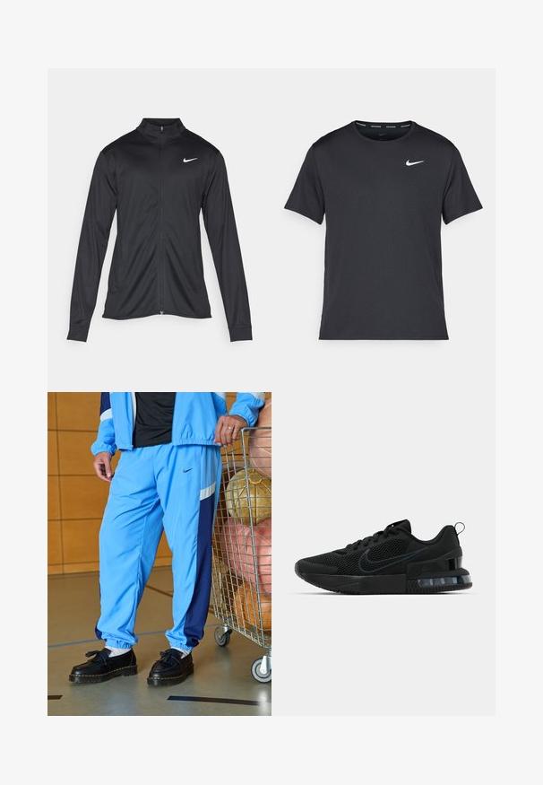 Črna atletska jakna z dolgimi rokavi, ovratnikom in polnim zadrgo. Vključuje diskreten bel Nike logotip na zgornjem levem delu prsnega koša. Gladka tekstura.; Črna tekaška majica Nike, izdelana iz lahkega in zračnega materiala, z kratkimi rokavi in majhnim belim logotipom na prsih.; Svetlo modri atletski hlače z temno modrimi stranskimi črtami, elastičnimi manšeti in črnimi čevlji s detajlom resic. V bližini je voziček z zloženimi športnimi žogami.; Črne atletske tenisice Nike z mrežno zgornjico, gumijastim podplatom, oblazinjenim ovratnikom in značilnim prozornim poudarkom na peti.