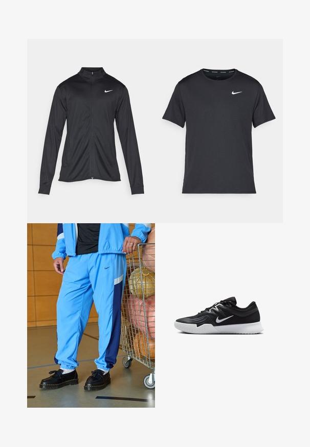 Crna sportska jakna s dugim rukavima, ovratnikom i punim patentnim zatvaračem. Ima suptilan Nike logo u bijeloj boji na gornjem lijevom dijelu prsne oznake. Glatka tekstura.; Crna Nike majica za trčanje napravljena od laganog, prozračnog materijala, s kratkim rukavima i malim bijelim logotipom na prsima.; Svijetloplave atletske hlače s tamnoplavim bočnim prugama, elastičnim rukavima i crnim cipelama s detaljem od resica. Na obližnjem kolica su složene sportske lopte.; Crna sportska cipela s teksturiranim gornjim dijelom, bijelim Nike swooshom i bijelim gumennim potplatom. Ima dizajn s vezanjem i dinamičan oblik.