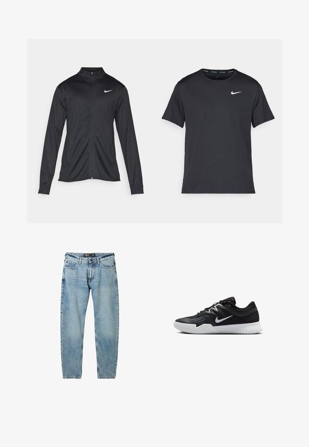 Chaqueta atlética negra con mangas largas, collar y cremallera completa. Presenta un sutil logo de Nike en blanco en la parte superior izquierda del pecho. Textura suave.; Camiseta de running negra de Nike, hecha de material ligero y transpirable, con mangas cortas y un pequeño logo blanco en el pecho.; Vaqueros de denim azul claro con un corte holgado, diseño de cinco bolsillos y costuras en contraste. Cuenta con un cierre de botón y un corte recto.; Zapatilla deportiva negra con parte superior texturizada, logo de Nike en blanco y suela de goma blanca. Tiene un diseño con cordones y una forma dinámica.