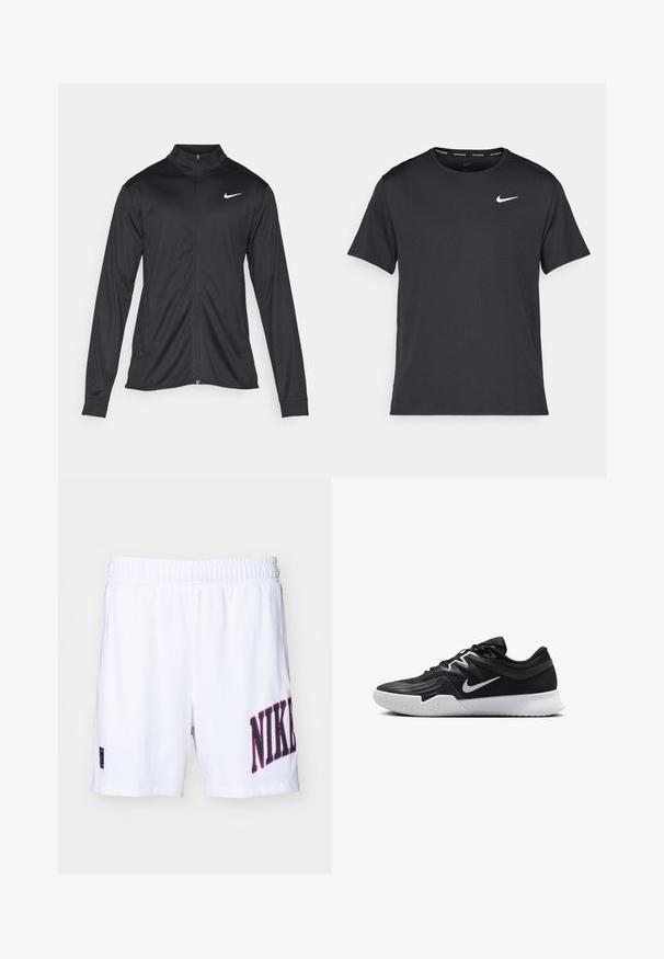 Musta urheilutakki pitkillä hihoilla, kauluksella ja kokonaisella vetoketjulla. Täydentää hienovarainen Nike-logo valkoisena vasemmassa ylärinnassa. Litteä pinta.; Musta Nike juoksupaita, joka on valmistettu kevyestä ja hengittävästä materiaalista. Paidassa on lyhyet hihnat ja pieni valkoinen logo rinnassa.; Nike Performance HERITAGE SHORT - Urheilushortsit - white/black/hot fuchsia; Musta urheilukenkä, jossa on teksturoitu päällinen, valkoinen Nike-tikkaus ja valkoinen kumipohja. Kenkässä on nauhakuji ja dynaaminen muoto.