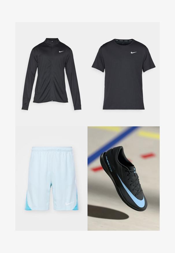Chaqueta atlética negra con mangas largas, collar y cremallera completa. Presenta un sutil logo de Nike en blanco en la parte superior izquierda del pecho. Textura suave.; Camiseta de running negra de Nike, hecha de material ligero y transpirable, con mangas cortas y un pequeño logo blanco en el pecho.; Shorts deportivos Nike de color azul claro con una cintura elástica, que presentan paneles laterales en un azul más oscuro y un logo blanco cerca del dobladillo.; Zapatilla deportiva negra con detalles azules, superficie texturizada, diseño de cordones y el logo distintivo de Nike. Suela de goma con patrones de agarre.