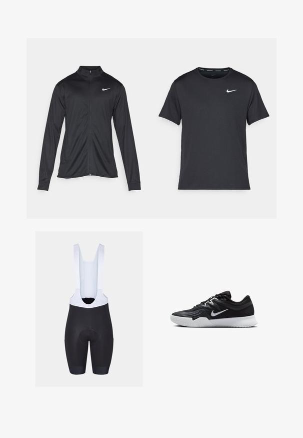 Must värvi sportlik jakk pikkade varrukatega, krae ja täispikk tõmblukk. Ülemises vasakus rinnas on diskreetne valge Nike logo. Sile tekstuur.; Mustamust Nike'i jooksupaita, mis on valmistatud kergest ja hingavast materjalist, lühikeste varrukatega ja mille rinnal on väike valge logo.; Mustad mustad lühikesed püksid valgete rihmadega, pakuvad polsterdatud istet ja elastseid mansette. Sile tekstuur brändi logo detailidega rihmadel.; Must mustad jalanikesad rikaste ülaservaga, valge Nike swoosh'i ja valge kummist välispõhjaga. Omab paeltega sulgemisdetaili ja dünaamilist kuju.