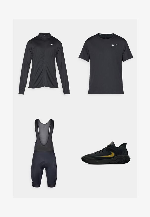 Musta urheilutakki pitkillä hihoilla, kauluksella ja kokonaisella vetoketjulla. Täydentää hienovarainen Nike-logo valkoisena vasemmassa ylärinnassa. Litteä pinta.; Musta Nike juoksupaita, joka on valmistettu kevyestä ja hengittävästä materiaalista. Paidassa on lyhyet hihnat ja pieni valkoinen logo rinnassa.; Mustat pyöräilyhousut, joissa on verkkostrappi, pehmustettu istuin ja joustavat hihnat. Ominaisuuksiin kuuluu logo vasemmassa lahkeessa ja tiukka, aerodynaaminen muotoilu.; Musta ja tummanharmaa urheilukenkä mustilla nauhoilla ja kultaisella swoosh-logolla, jossa on aaltoileva pohjakuvio ja pehmustettu kantapään kaulus.