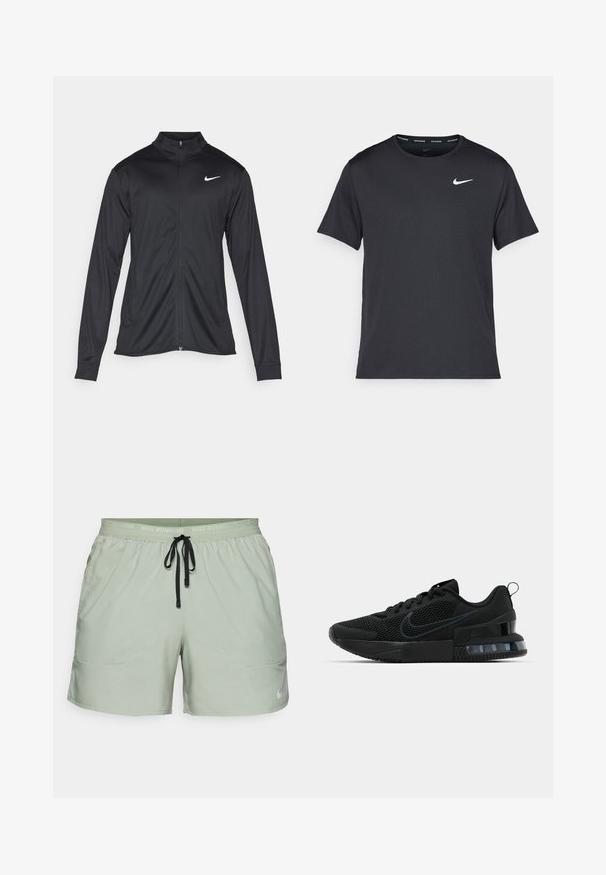 Fekete sportdzseki hosszú ujjal, gallérral és teljes cipzárral. Diszkrét fehér Nike logóval az upper bal mellen. Sima textúra.; Fekete Nike futó póló, könnyű, légáteresztő anyagból készült, rövid ujjú, és a mellkasán egy kicsi fehér logó található.; Nike Performance STRIDE - Sport rövidnadrágok - jade horizon/black/reflective silver; Fekete Nike sportcipő, hálós felsőrésszel, gumitalppal, párnázott nyakkal és jellegzetes átlátszó sarokbetéttel.