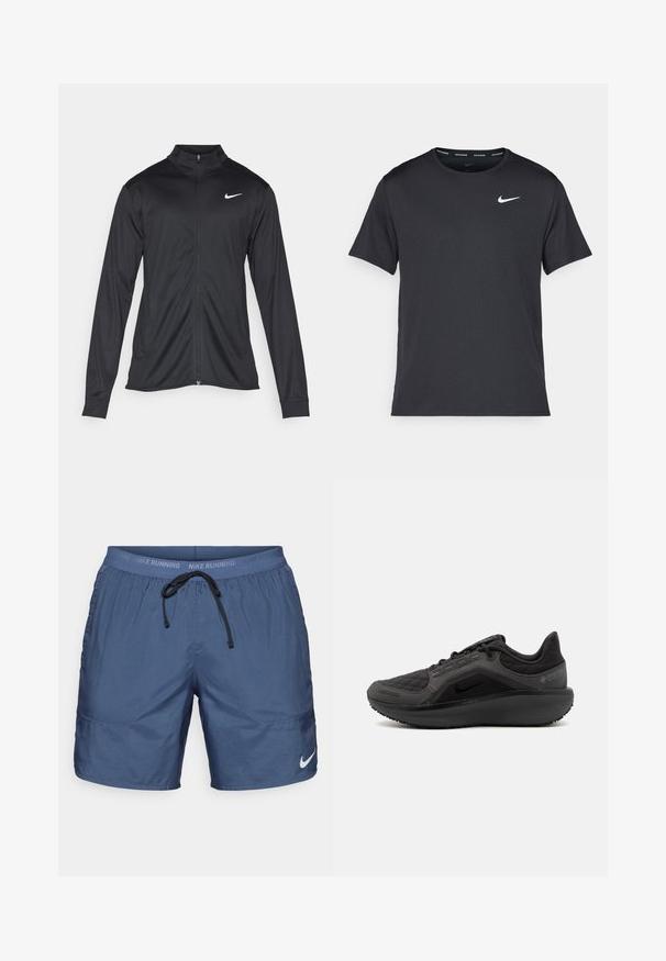 Must värvi sportlik jakk pikkade varrukatega, krae ja täispikk tõmblukk. Ülemises vasakus rinnas on diskreetne valge Nike logo. Sile tekstuur.; Mustamust Nike'i jooksupaita, mis on valmistatud kergest ja hingavast materjalist, lühikeste varrukatega ja mille rinnal on väike valge logo.; Tumed sinise värvi sportlikud lühikesed püksid kerge materjali ja elastse vöökoha ning nööriga. Küljel taskud ja logo aktsent jalal.; Must have mustandusega mustad sportlikud jalanõud, millel on tekstuurne tikandiga ülemine osa, nutikas disain ja must kummist tallad. Omab nähtavat logo ning Gore-Tex brändingut.