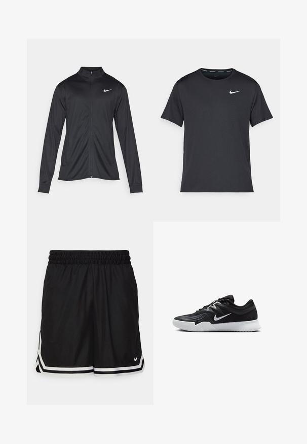 Jacket desportivo preto com mangas longas, colarinho e fecho zip completo. Apresenta um discreto logotipo da Nike em branco na parte superior do lado esquerdo do peito. Textura suave.; T-shirt de corrida Nike preto, feito de material leve e respirável, com mangas curtas e um pequeno logo branco no peito.; Calções de desporto pretos feitos de tecido respirável, com uma cintura lisa, riscas brancas nas laterais e um pequeno logótipo no lado inferior direito.; Sapatilha atlética preta com um cabedal texturizado, swoosh branco da Nike e uma sola de borracha branca. Apresenta um design com atacadores e uma forma dinâmica.