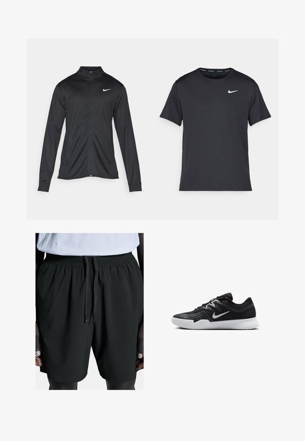 Fekete sportdzseki hosszú ujjal, gallérral és teljes cipzárral. Diszkrét fehér Nike logóval az upper bal mellen. Sima textúra.; Fekete Nike futó póló, könnyű, légáteresztő anyagból készült, rövid ujjú, és a mellkasán egy kicsi fehér logó található.; Fekete sportnadrág rugalmas derékrésszel és húzózsinórral. Simább textúrával és oldalsó zsebekkel rendelkezik, kényelmes és mozgékony viselet érdekében.; Fekete sportcipő texturált felsőrésszel, fehér Nike logóval és fehér gumitalppal. Fűzős kialakítással és dinamikus formával rendelkezik.