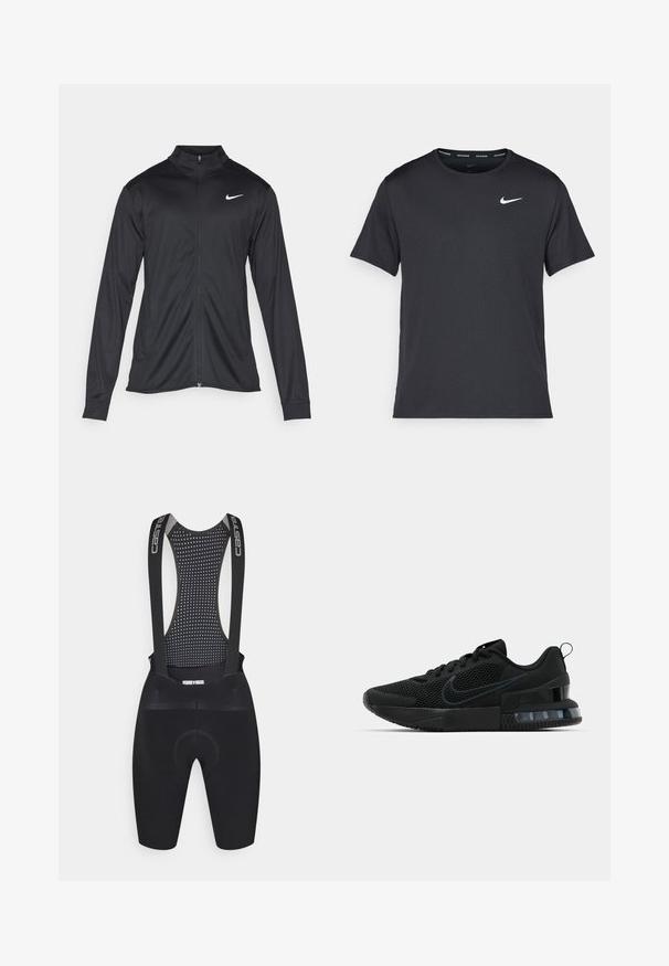 Fekete sportdzseki hosszú ujjal, gallérral és teljes cipzárral. Diszkrét fehér Nike logóval az upper bal mellen. Sima textúra.; Fekete Nike futó póló, könnyű, légáteresztő anyagból készült, rövid ujjú, és a mellkasán egy kicsi fehér logó található.; Fekete kerékpáros bib sort mesh hátrészsel, állítható pántokkal, párnázott ülésrészsel és textúrázott kivitelezéssel a légáteresztőség érdekében.; Fekete Nike sportcipő, hálós felsőrésszel, gumitalppal, párnázott nyakkal és jellegzetes átlátszó sarokbetéttel.