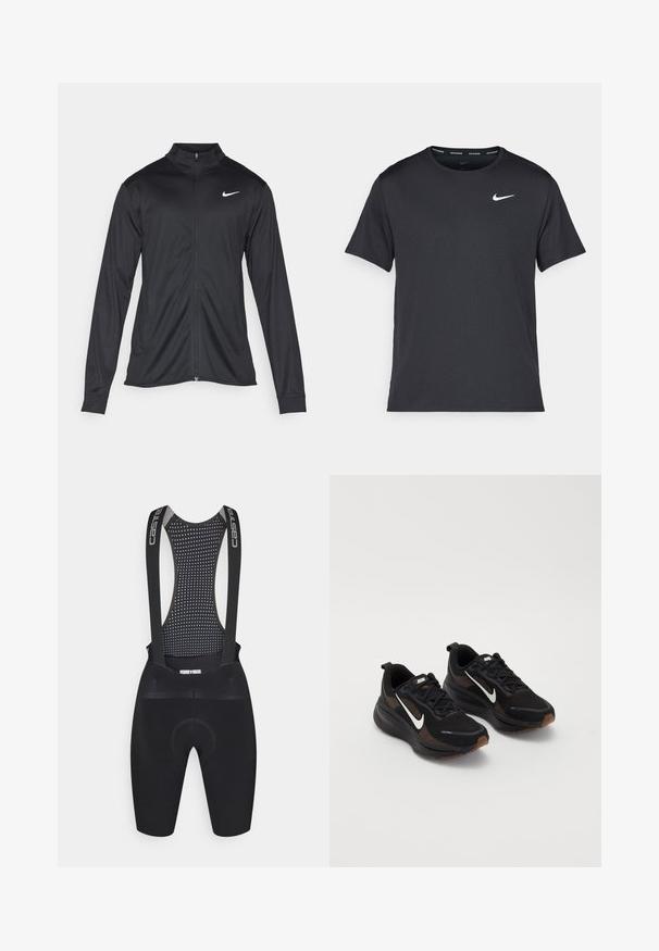 Černá sportovní bunda s dlouhými rukávy, límcem a plným zipem. Má decentní bílou logo značky Nike na horní levé části hrudi. Hladká textura.; Černé běžecké tričko Nike vyrobené z lehkého a prodyšného materiálu, s krátkými rukávy a malým bílým logem na hrudi.; Černé cyklistické kraťasy s vlečkou na zádech, vybavené nastavitelnými ramínky, polstrovaným sedlem a texturovaným designem pro prodyšnost.; Černé sportovní boty s prodyšnou síťovanou svrchní částí, bílým logem Nike, texturovanou podešví a kontrastními hnědými akcenty. Obsahují zesílenou patu.