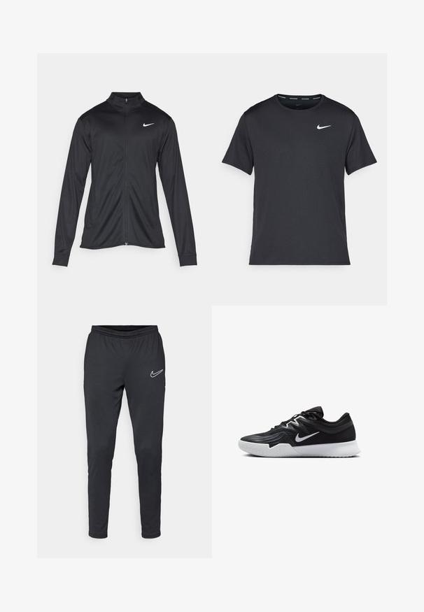 Melna sporta jaka ar garām piedurknēm, apkakli un pilnu rāvējslēdzēju. Uz kreisā krūts augšdaļas ir maigs Nike logo baltā krāsā. Gluda tekstūra.; Melna Nike skriešanas T-kreklā, kas izgatavots no viegla un elpojoša materiāla, ar īsām piedurknēm un mazu baltu logo uz krūtīm.; Nike melni sporta bikses ar elastīgu jostasvietu, sašaurinātām kājām un baltu logotipu kreisajā pusē. Gluda auduma konstrukcija bez redzamām raksts.; Melni sporta apavi ar teksturētu virsu, balto Nike zulumu un balto gumijas zoli. Iezīmējas ar auklu pievilkšanas dizainu un dinamisku formu.