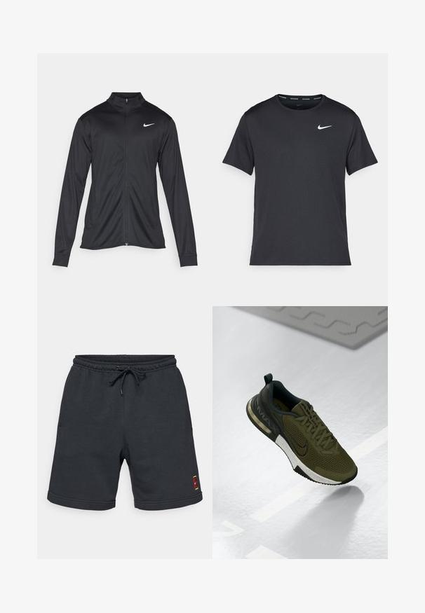 Juodas sportinis švarkas su ilgomis rankovėmis, apykakle ir pilnu užtrauktuku. Yra subtilus baltas Nike logotipas kairėje krūtinės pusėje. Lygus tekstūra.; Juodas Nike bėgimo marškinėlis, pagamintas iš lengvos, kvėpuojančios medžiagos, turintis trumpas rankoves ir mažą baltą logotipą ant krūtinės.; Tamsiai pilkos medvilnės mišinuko šortai, kurie turi elastinį juosmenį su raišteliu ir mažą spalvotą logotipą apatinėje dalyje.; Alyvuogių spalvos sportinė avalynė su tinklu viršuje, juodais akcentais ir balta dėmėta tarpine. Yra apvalus pirštas ir kulno paminkštinimas.