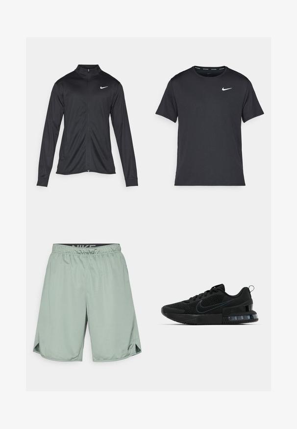 Fekete sportdzseki hosszú ujjal, gallérral és teljes cipzárral. Diszkrét fehér Nike logóval az upper bal mellen. Sima textúra.; Fekete Nike futó póló, könnyű, légáteresztő anyagból készült, rövid ujjú, és a mellkasán egy kicsi fehér logó található.; Zöld sportnadrág rugalmas derékkal, fekete Nike logóval. Könnyű anyagból készült, oldalán sliccel a mozgékonyság érdekében.; Fekete Nike sportcipő, hálós felsőrésszel, gumitalppal, párnázott nyakkal és jellegzetes átlátszó sarokbetéttel.