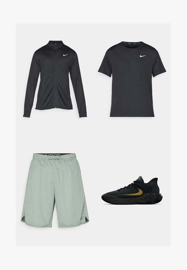 Jacket desportivo preto com mangas longas, colarinho e fecho zip completo. Apresenta um discreto logotipo da Nike em branco na parte superior do lado esquerdo do peito. Textura suave.; T-shirt de corrida Nike preto, feito de material leve e respirável, com mangas curtas e um pequeno logo branco no peito.; Calções desportivos verdes com cintura elástica, apresentando o logo da Nike em preto. Feitos de material leve, têm aberturas laterais para maior mobilidade.; Tênis atlético preto e cinza escuro com cadarços pretos e logotipo swoosh dourado, apresentando um design de sola ondulada e colarinho acolchoado no calcanhar.