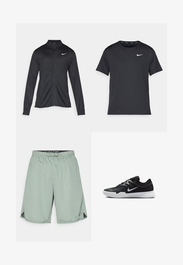 Svart idrettsjakke med lange ermer, krage og full glidelås. Har en subtil Nike-logo i hvitt på øvre venstre bryst. Glatt tekstur.; Svart Nike løpe-T-skjorte laget av lett, pustende stoff, med korte ermer og en liten hvit logo på brystet.; Grønne treningsshorts med elastisk midje og en svart Nike-logo. Laget av lett materiale, har de sidespalter for bedre bevegelighet.; Svart treningssko med teksturert overdel, hvit Nike-swoosh og hvit gummisåle. Har snøring og en dynamisk form.