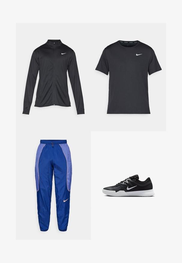 Sort atletisk jakke med lange ærmer, krave og fuld lynlås. Har et diskret Nike-logo i hvidt på den øverste venstre side af brystet. Glat tekstur.; Sort Nike løbe T-shirt lavet af let, åndbart materiale, med korte ærmer og et lille hvidt logo på brystet.; Blå nylon træningsbukser med elastisk talje, snørebånd og orange pipe. Har Nike-logoet på venstre side. Glat tekstur, tapered fit.; Sort atletiksko med en tekstureret overdel, hvid Nike swoosh og en hvid gummisål. Har en snørret design og dynamisk form.