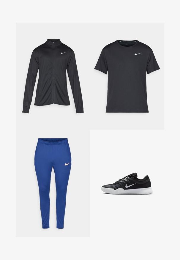 Črna atletska jakna z dolgimi rokavi, ovratnikom in polnim zadrgo. Vključuje diskreten bel Nike logotip na zgornjem levem delu prsnega koša. Gladka tekstura.; Črna tekaška majica Nike, izdelana iz lahkega in zračnega materiala, z kratkimi rokavi in majhnim belim logotipom na prsih.; Modre športne hlače z elastičnim pasom. Imajo majhen oranžen znak Nike na spodnji levi strani. Gladek, raztegljiv material.; Črne atletske čevlje z teksturirano zgornjico, belim Nike znakom in belim gumijastim zunanjim podplatom. Imajo vezalni dizajn in dinamično obliko.