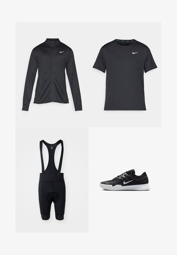 Čierna športová bunda s dlhými rukávmi, golierom a plným zipsom. Obsahuje nenápadné logo Nike v bielej farbe na hornej ľavej hrudi. Hladká textúra.; Čierne bežecké tričko Nike vyrobené z ľahkého a priedušného materiálu, s krátkymi rukávmi a malým bielym logom na hrudi.; Čierne cyklistické šortky s pružnými ramienkami, obsahujúce vypchávku s vložkou, hladký povrch a elastické nohavice so silikónovými gripmi.; Čierna športová topánka s textúrovaným zvrškom, bielym logom Nike a bielou gumovou podrážkou. Má šnurovací dizajn a dynamický tvar.